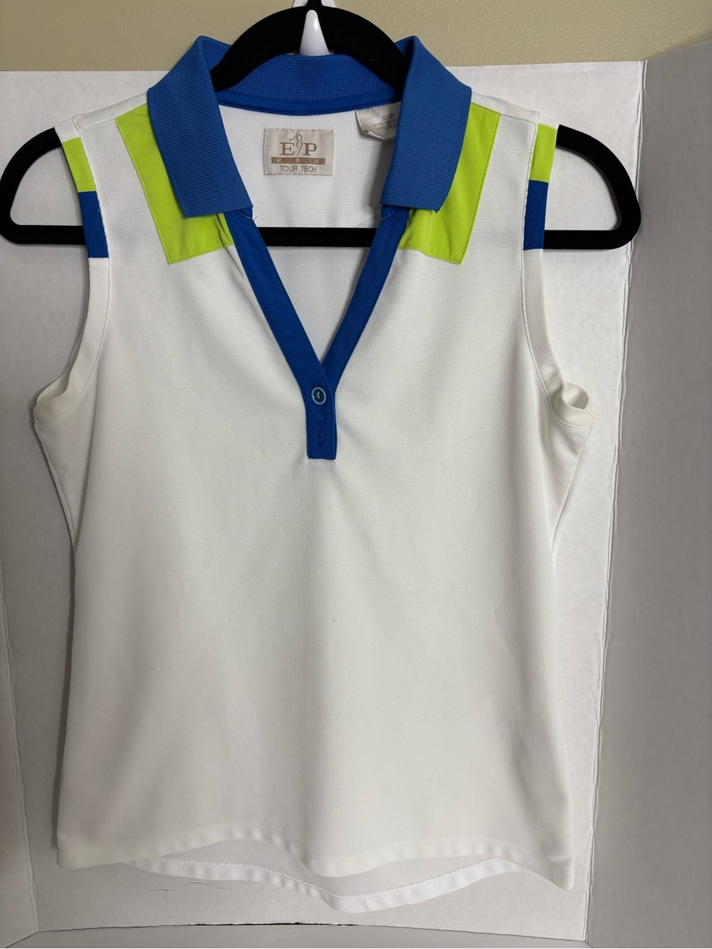EP Pro White Sleeveless Polo Tank with Blue Collar and Lime Accents